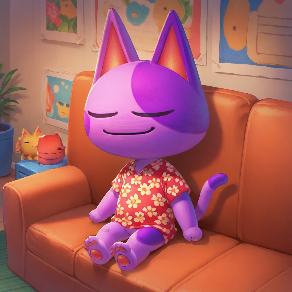 score_9, score_8_up, score_7_up, bob, male, furry male, anthro, solo, cat, purple fur, two-tone fur, yellow sclera, black pupils, pointed ears, noseless, paw pads, tail, red floral shirt, sitting on couch, closed eyes, sleeping, smile, living room