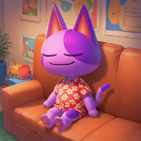 score_9, score_8_up, score_7_up, bob, male, furry male, anthro, solo, cat, purple fur, two-tone fur, yellow sclera, black pupils, pointed ears, noseless, paw pads, tail, red floral shirt, sitting on couch, closed eyes, sleeping, smile, living room