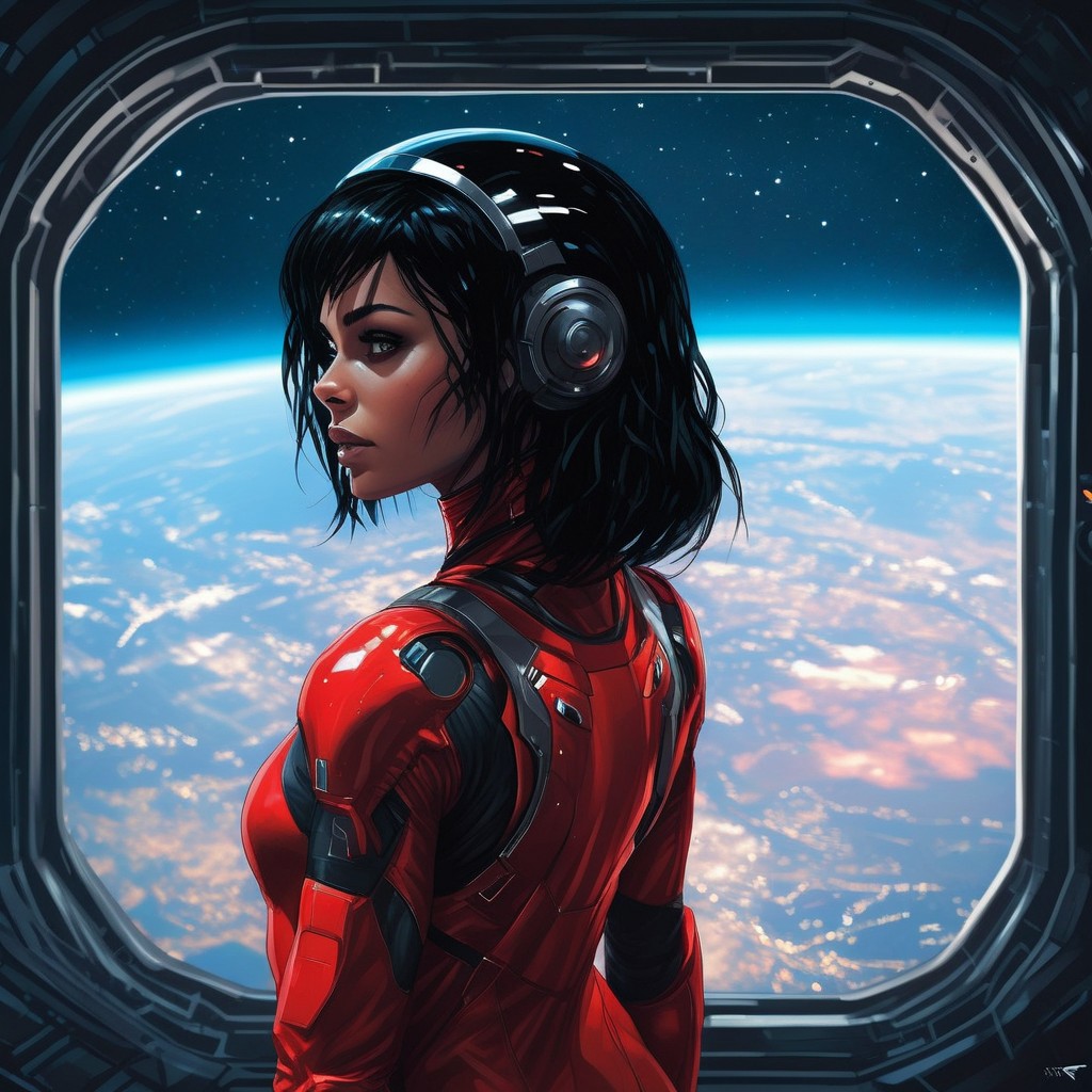 cpunk, 1girl, beatifull, black hair and dark skin, small breast, scifi, cyborg, red suit and helmet,  space station, planet appearing in window