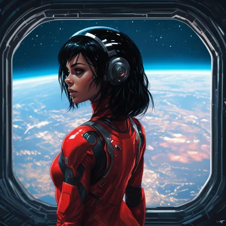 cpunk, 1girl, beatifull, black hair and dark skin, small breast, scifi, cyborg, red suit and helmet, space station, planet appearing in window