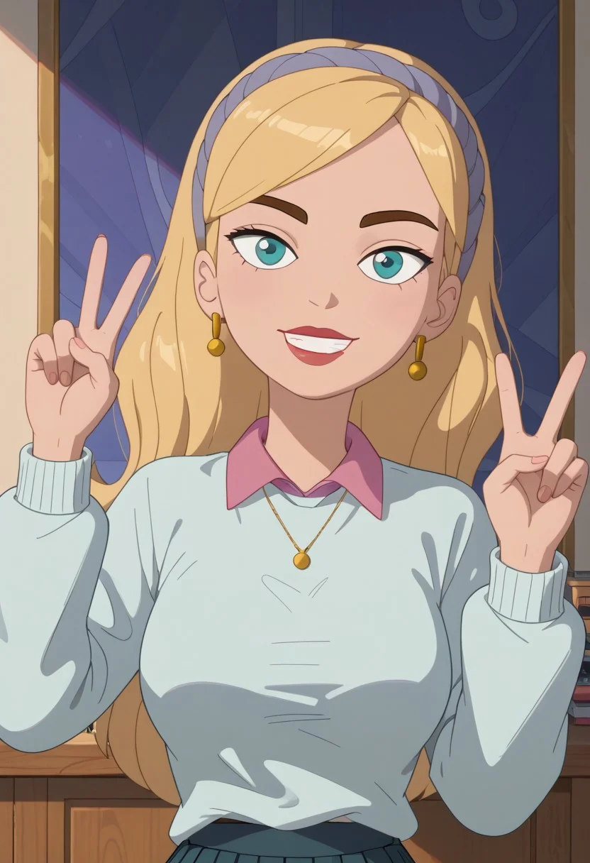 ((room background)),score_9, score_8_up, score_7_up,score_6_up, 
1girl, solo, Belle_HYG, light skin, blue eyes, blonde hair, long wavy hair, brown eyebrows, red lipstick, lilac headband, golden earrings, golden necklace, white-blue sweater, pink shirt collar, teal short pleated skirt, dark gray high boots, cute, tall stature, social smile, perfect eyes, perfect smile, looking at the viewer, detailed eyes, perfect eyes, standing, big breasts (front pose, bust shot) five fingers, perfect hands, (hands up, v sign)