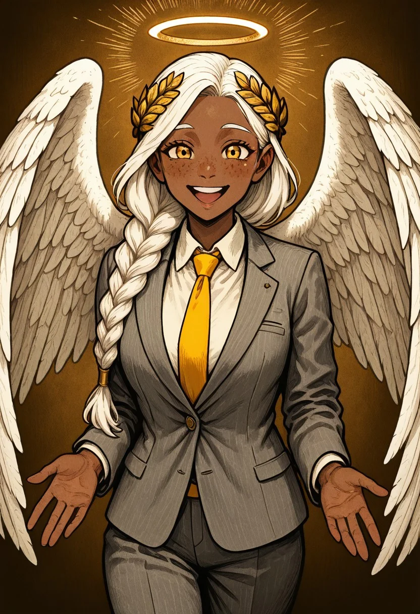 masterpiece, best quality, newest, absurdres, highres, HORCOMV1.0,
1girl, dark skin, dark-skinned female, grey suit, suit official attire, official clothes, nectie, yellow necktie, white hair, long hair, braid, single braid, angel, angel girl, halo, wings, angel wings, smile, happy, open eyes, golden eyes, laurel crown, freckles,