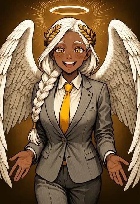 masterpiece, best quality, newest, absurdres, highres, HORCOMV1.0,
1girl, dark skin, dark-skinned female, grey suit, suit official attire, official clothes, nectie, yellow necktie, white hair, long hair, braid, single braid, angel, angel girl, halo, wings, angel wings, smile, happy, open eyes, golden eyes, laurel crown, freckles,