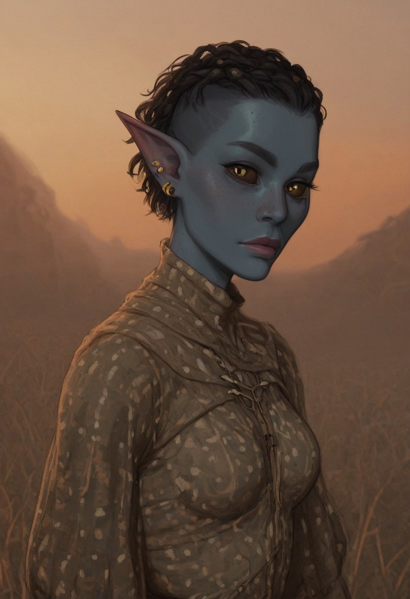 safe_pos, solo, short pointy ears, full body, running stance, piercings, random elf face, aquiline features, female dark elf, brow rings, beaded piercings, weathered skin, blue-grey skin, large nose, insect chitin armor, insect chitin helmet, insect chitin ornaments, stylized insect pattern, athletic build,  animated realism, zoomed out, Syrian features, torso, yurts, tents, native camp, elegant berber tapestries, dead desert trees, ash dunes, distant volcano, ashy soil, grey green foliage, distant grey hills, sunrise, gloomy lighting, grey fabric awnings, dark wood posts, light dust clouds, grey-blue skin, mahogany and ivory clothes, medium armor, bone plate armor, ivory straps and fittings, alien bone ornaments, grey wood neckguard, medium_breasts, crimson sclera, black pupils, blue-green light, neon, highly detailed, defined features, looking at viewer, three quarters view, from side, dynamic lighting, 29 years old, light and shadows, patterned cloth, joking expression, expressive eyes, detailed medieval clothes, short hair, wavy hair, thick hair, beaded hair, braided hair, under cut hair, semirealistic, alien elf, spanish features, jewish features, black hair, dark red hair, desaturated blue skin, sharp features, pastel green inuit print cloak, nighttime, high detail, absurdres, pretty eyes, detailed eyes, yellow eyes, facefix, detailed face, wielding insect chitin spear, shortspear
