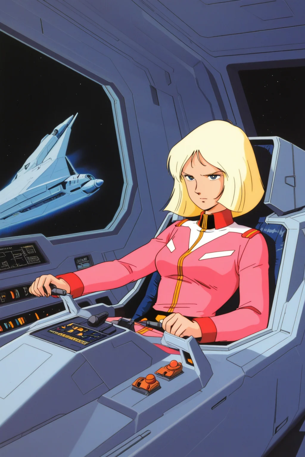 masterpiece, best quality, amazing quality, absurdres, saylamass79, blonde hair, solo, serious, confident, pink military uniform, large breasts, upper body, indoors, spacecraft, cockpit, sitting, leaning back, airplane interior, joystick, through window, wide shot, science fiction, retro artstyle