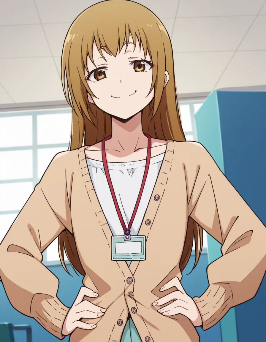score_9, score_8_up, score_7_up, source_anime, <lora:saya-miyoshi-s1-ponyxl-lora-nochekaiser:1>, saya miyoshi, long hair, brown hair, brown eyes,, collarbone, cardigan, id card, lanyard,, indoors, smug, smile, looking at viewer, solo, hands on hips,, cowboy shot, dutch angle