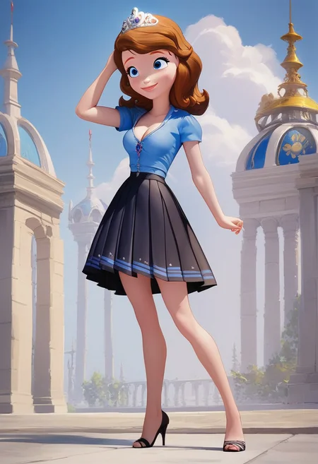 princess Sofia,brown hair,blue eyes,score_up_8, score_up_9, 1girl, solo, medium breasts, 18 years old, sky blue shirt,black skirt, miniskirt, pleated skirt, cleavage, provocative, seducatuve smile, high heels, high quality, 8k,best quality, HD, masterpiece,