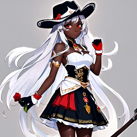 1girl, 3d, black background, cowboy shot, dark skin, dress, fingerless gloves, genshin_mualani, gloves, hair ornament, long hair, profile, red eyes, sandals, simple background, skirt, solo, white gloves, white hair <lora:Genshin_Mualani_pony:1> <lora:aidma-Image Upgrader-v0.1:1> perfect hands <lora:MHXL_Scrantelly_Slimjane:.8>