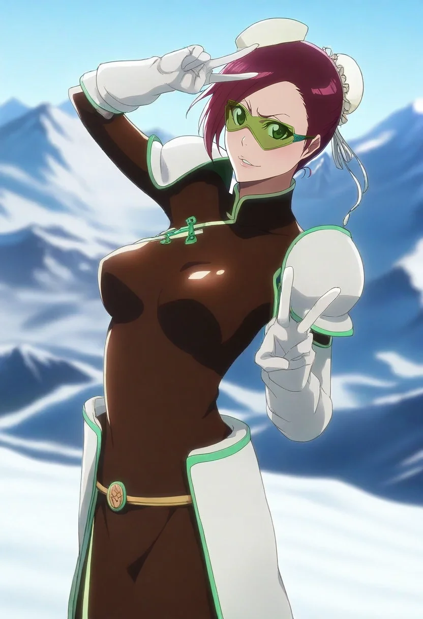 masterpiece, best quality, anime screencap, intricate details, looking at viewer, depth of field, 1girl, green eyes, chocolate hair, long pixie, bun cover, armor, tinted eyewear, solo, cowboy shot, snowy mountain, day, sunny, victory pose, light smile, <lora:bleach_tybw_style_ilxl:0.82>, bleach_tybw_style,