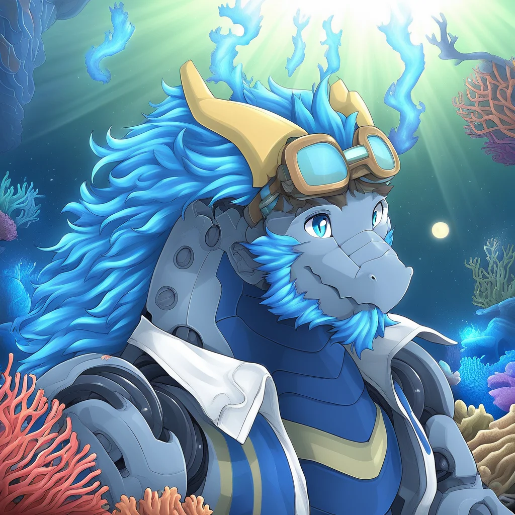 robot joints, coral, light rays, goggles on head, branch, hair bow, blue fire, star (sky), sunlight, white shirt, dragon, facial hair, fluffy, moon