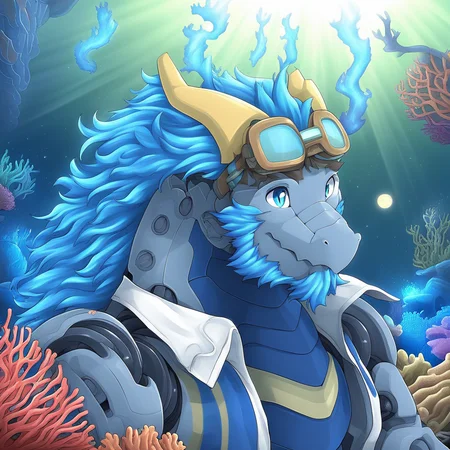 robot joints, coral, light rays, goggles on head, branch, hair bow, blue fire, star (sky), sunlight, white shirt, dragon, facial hair, fluffy, moon