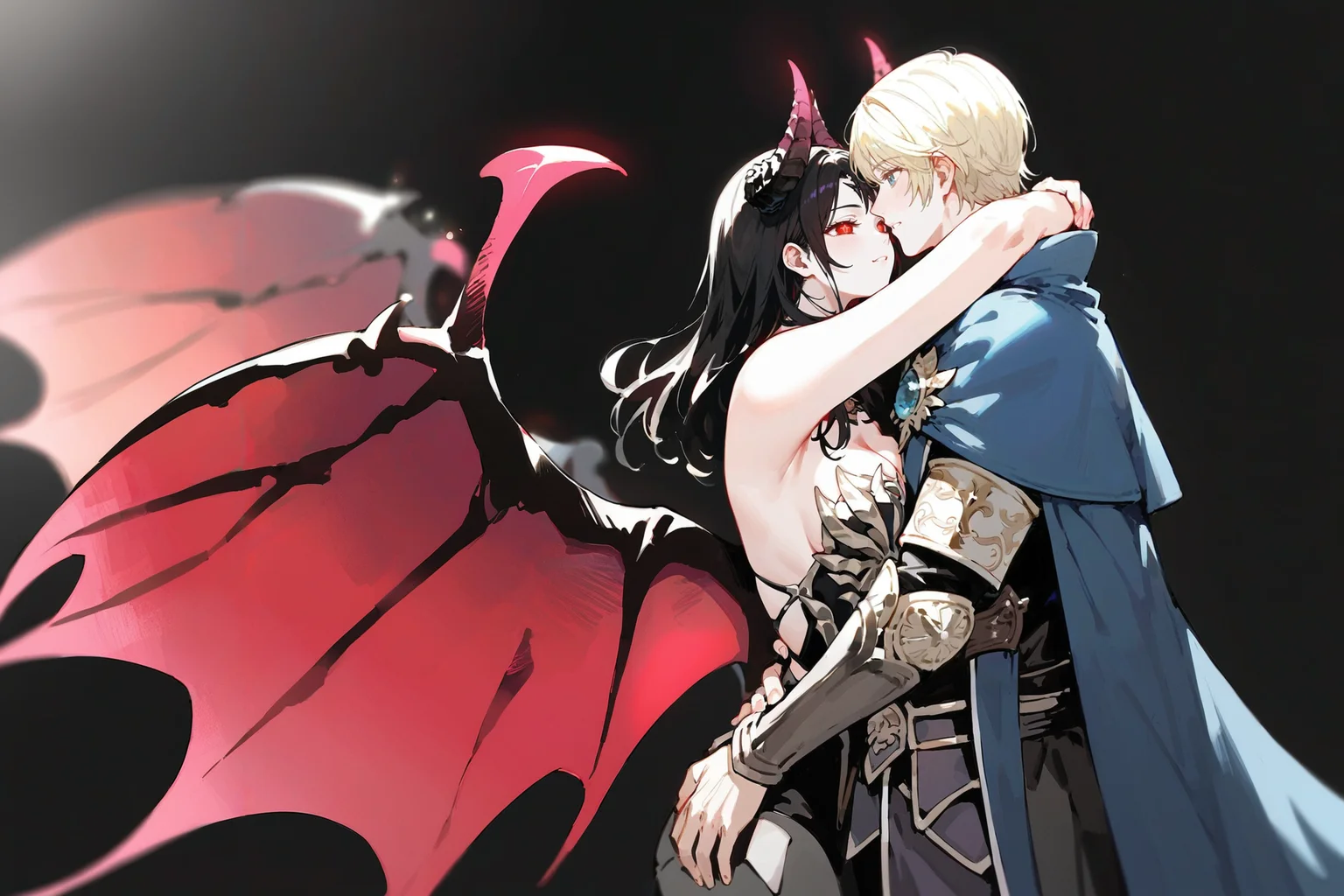 (score_9,score_8_up,score_7_up),simple background,black background,source:anime,
BREAK
1girl,multiple character,Vykas-lostark,blurry background,nature,portrait,demon girl,wings,black hair,cleavage,demon horn,hug,<lora:Vykas-lostark:0.8>,strapless,open eyes,red eyes,glowing eyes,
