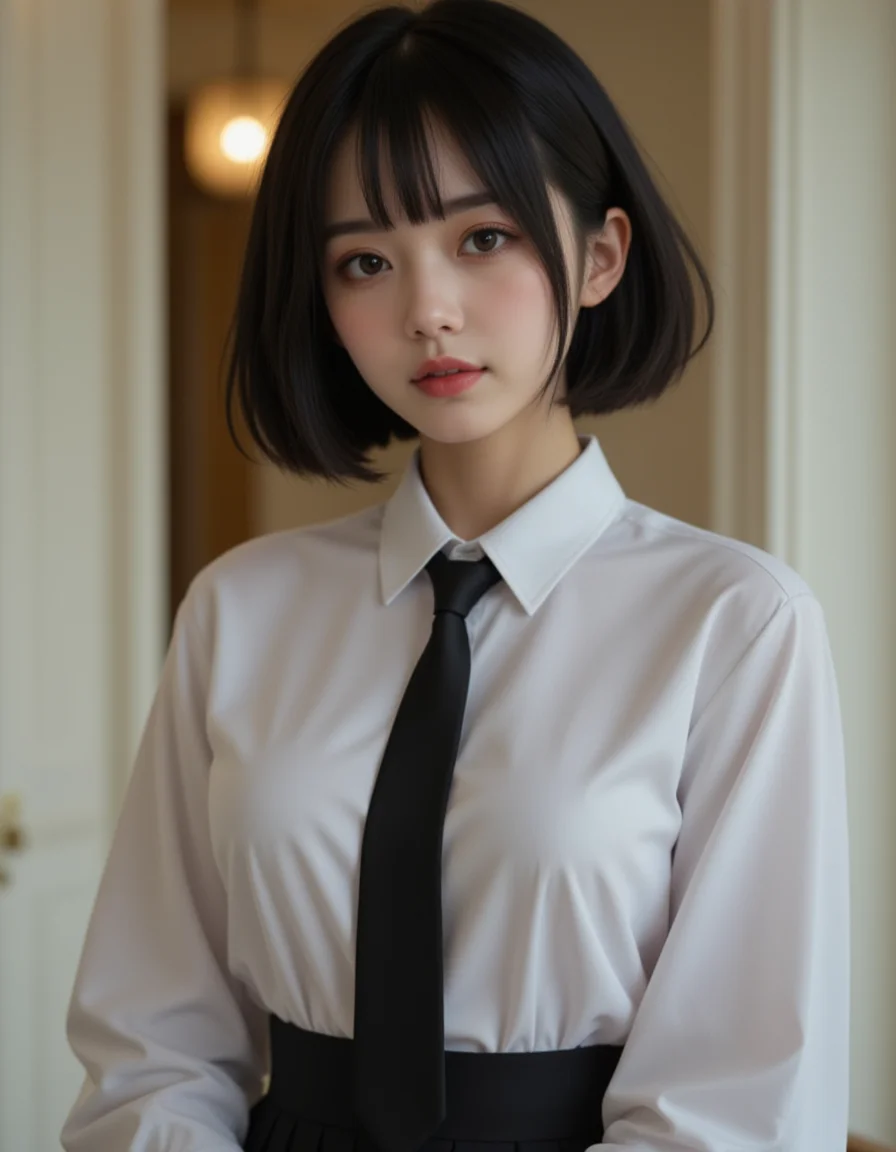 (masterpiece:1.3), (8k, photorealistic, RAW photo, best quality: 1.4), (1girl), beautiful face, (realistic face), (black hair, short hair:1.3), beautiful hairstyle, realistic eyes, beautiful detailed eyes, long eyelashes, (realistic skin), beautiful skin, medium breasts, (perfect body:1.3), (detailed body:1.2), (necktie), (collared shirt, pleated skirt:1.3), absurdres, attractive, ultra high res, ultra realistic, highly detailed, soft lightning, golden ratio,