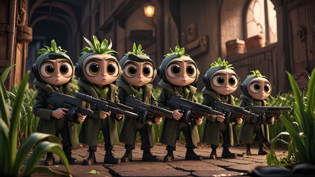 cartoon, cinematic movie scene, group of tall leek with big eyes and small arms holding tmmygn submachine guns, serious expressions, dark and gritty,
 <lora:Thompson_Submachine_Gun_-_1928_SDXL:0.8> <lora:Cute_3D_Cartoon:0.8>