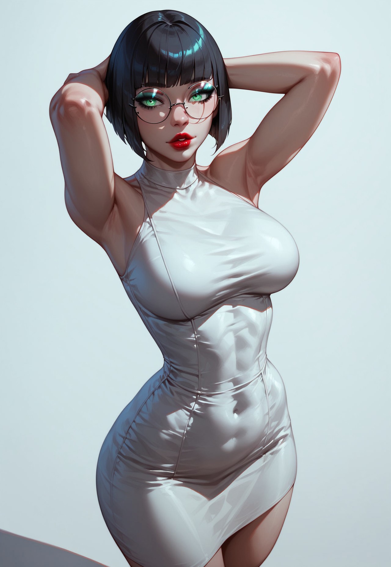 masterpiece, best quality, 32k, high resolution, absurdres, hyper-detailed, 
score_9, score_8_up, score_7_up, score_6_up, rating_questionable, 1girl, short hair, bobcut, black hair, bangs, green eyes, large breasts, slim, pale skin, big round eyeglasses, clear eyeglasses lenses, red lipgloss, simple background, gradiente background, screentones, red-black background, sundress, tight dress, pinup pose, detailed, aesthetic, shadow, makeup, cowboy shot, high angle view, parted lips, hands behind head