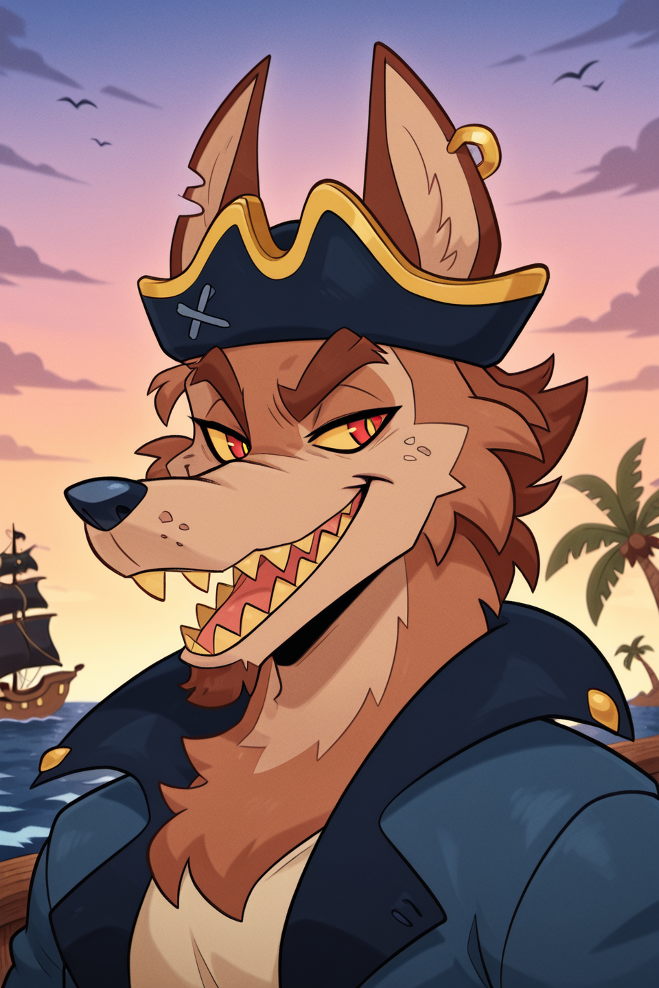 <lora:Skurv_the_Coyote:1>, masterpiece, best quality, hires, absurdres, skurvthecoyote, coyote, solo, 1boy, male focus, furry male, furry, brown fur, teeth, sharp teeth, smile,two-tone fur, animal ears, yellow sclera, red eyes, teeth, thick eyebrows, pirate hat, earring, facial hair, blue jacket, open jacket, ocean background, on pirate ship, palm trees, close up, portrait
