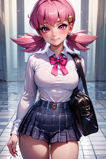 score_9, score_8_up, score_8, medium breasts, (curvy), cute, eyelashes,       BREAK, , <lora:WhitneyPDXL:0.8>, zzWhitney, pink eyes, pink hair, pigtails, hair clip,  white shirt, denim shorts,, BREAK, closed mouth, alternate costume, smile, looking at viewer, collared shirt, blush, sweater, black skirt, eyelashes, long sleeves, sleeves past wrists, plaid skirt, shoulder bag, black bag, blurry, tile floor, pleated skirt, white shirt, cowboy shot,  embedding:zPDXL, Expressiveh,  <lora:Vivid:0.7>,  <lora:Uncensored_PonyXL_cpt_v02.09:0.4>,  <lora:Expressive_H-000001:0.4>,