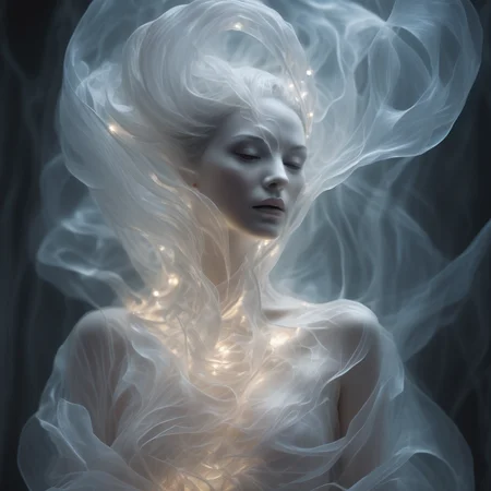 Create a spectral woman with a (translucent appearance:1.3), Her form is barely tangible, with a soft glow emanating from her gentle contours, The surroundings subtly distort through her ethereal presence, casting a dreamlike ambiance