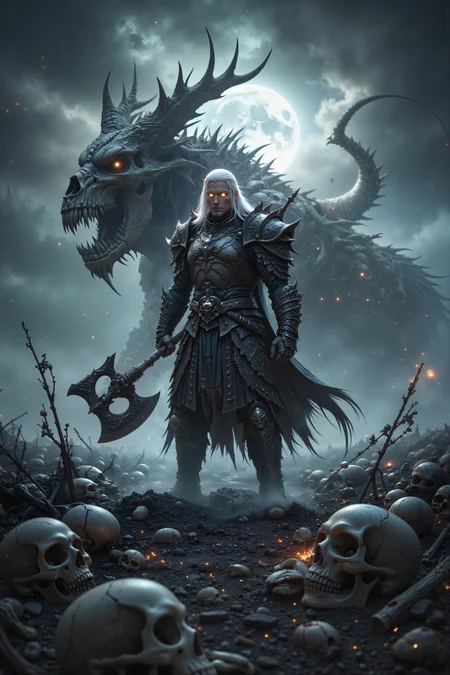 A hyper-realistic portrait, photorealistic photo close-up image of In a vast, open battlefield under the light of a waning moon, a lone figure with alabaster skin and hair as white as snow stands amidst a sea of broken skulls and shattered bones. His eyes, glowing with a faint, silver light, scan the horizon as a cold wind whips through the battlefield, sending clouds of dust and ash swirling around him. The ground beneath his feet is littered with the remains of warriors from ages past, their skulls cracked and broken from the brutality of battle. His armor, once gleaming, is now battered and streaked with blood and dirt, but the massive, bone-handled axe in his hands still shines with an eerie, white glow. Behind him, the skeletal remains of a giant beast rise from the ground, its massive skull half-buried in the earth, casting a long, ominous shadow across the field. The sky above is a dull gray, with dark clouds gathering on the horizon, and the faint rumble of thunder can be heard in the distance. The air is heavy with the scent of death and smoke, and the quiet stillness of the battlefield is broken only by the occasional clatter of bones shifting in the wind. The scene is one of desolation and aftermath, where the skulls of the fallen warriors bear silent witness to the horrors of war. (photography, high-resolution, dynamic, energetic,hyper-realistic, dramatic lighting, shallow depth of field.), detailmaximizer, MythP0rt<lora:midjourney_whisper_flux_lora_v01:0.55><lora:aidmaMJ6.1-FLUX-V0.1:0.4><lora:FluxMythP0rtr4itStyle:0.4><lora:detailed_flux_ntc:2.2><lora:aidmaImageUpgrader-FLUX-V0.1:0.65>