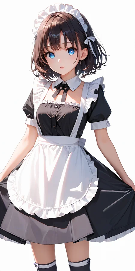 score_9, score_8_up, score_7_up,source_anime, high res image,masterpiece,best quality,girl,cute face,clear skin,shiny hair,ultra detailed eyes,simple background,middle breasts,
 <lora:maid_Pony_V1.0:1> jyojifuku,frills,kneehighs,apron,black dress