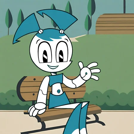 proper proportions, extremely detailed, on model, accurate art style, anime screencap, cartoon screencap, official screencap, style parody, BREAK, 1girl, Jenny_XJ9, jenny wakeman, robot, robot joints, black eyes, twintails, android, blue hair, joints, tank top, skirt, sitting on a park bench, looking at you, smiling, waving, park, trees, bushes, path, afternoon, detailed background