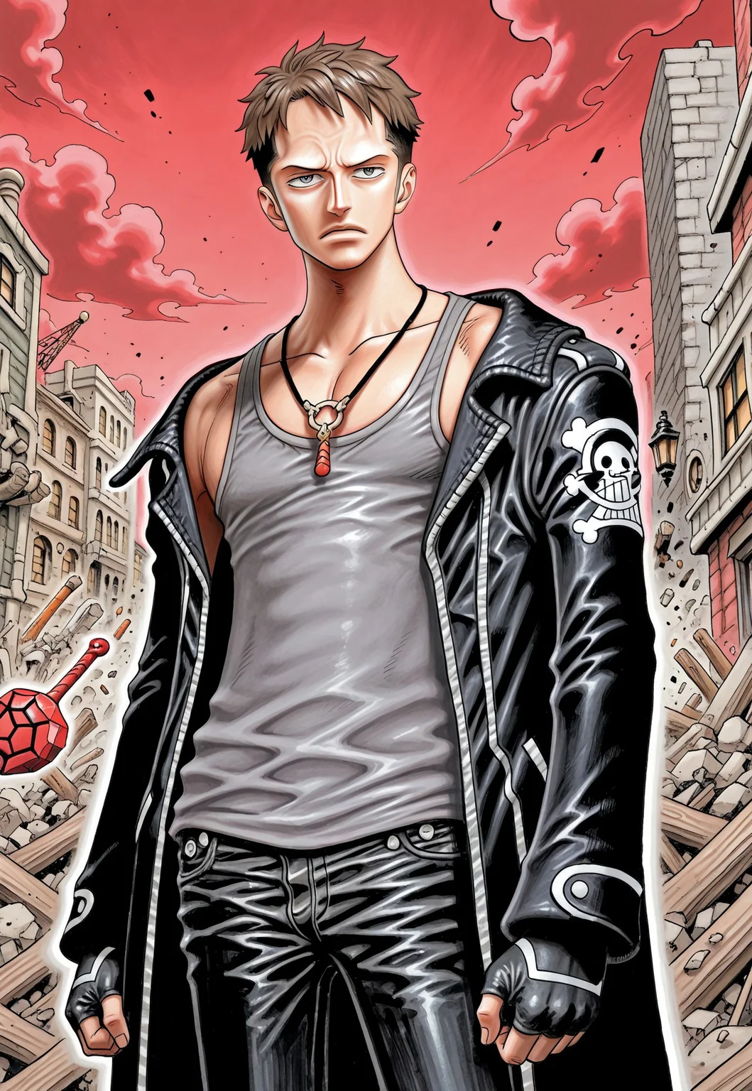 score_9, onepieceartstyle_style, onepieceartstyle, source_artwork, masterpiece, best quality, hyper-Detailed, 1man, solo, male focus, alone, detailed, DmCDante ((toned body, fair skin, brown hair, short hair, blue detailed eyes,)), ((wearing necklace with red stone, black and read coat over, grey tanktop, black jeans pants, black fingerless gloves)), staring at the viewer, serious, walking between destroyed buildings, night, red sky