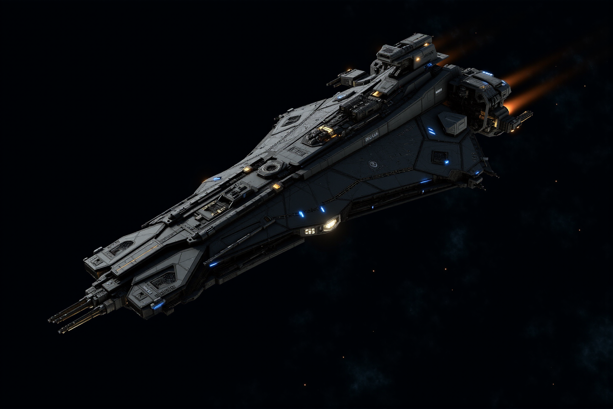<lora:SpaceCraft_v.1:0.8> SPCCRFT style. The OPL-04 "Ophelia", a sleek and formidable starship, cuts through the vastness of deep space with an imposing, angular profile that exudes tactical precision and advanced engineering. Its dark metallic hull, adorned with geometric paneling and reinforced armor plating, reflects the cold, distant starlight, while subtle blue and amber illumination accentuates key structural elements. The vessel's elongated, streamlined design suggests a focus on speed and maneuverability, reinforced by finely detailed propulsion systems at the rear that emit a fiery orange glow, leaving a faint ionized trail in the ship's wake. Intricate surface detailing, including cooling vents, modular compartments, and embedded sensor arrays, showcases the vesselâs versatility in reconnaissance, combat, or long-range patrol missions. The forward section features sharp, aggressive lines, with recessed weapon hardpoints and illuminated targeting systems ready for engagement. Along the midsection, the hull bears the designation âOphelia,â adding a sense of identity and purpose to the craft, while additional markings and insignia suggest military or corporate affiliations. The background features a rich cosmic tapestry, with swirling clouds of interstellar gas and faint star trails stretching across the void, adding depth and context to the scene. The lighting is meticulously composed, with reflections along the hull emphasizing its advanced materials, while carefully placed highlights and shadows create a dynamic interplay of light and dark. Rendered in a photorealistic sci-fi art style, the image captures intricate mechanical realism and cinematic drama, using high-detail textures, dramatic lighting, and a balanced composition to evoke a sense of power and purpose. The shipâs presence within the endless cosmos conveys themes of exploration, defense, and the pursuit of the unknown, positioning the OPL-04 "Ophelia" as a beacon of technological excellence in the vast expanse of space.