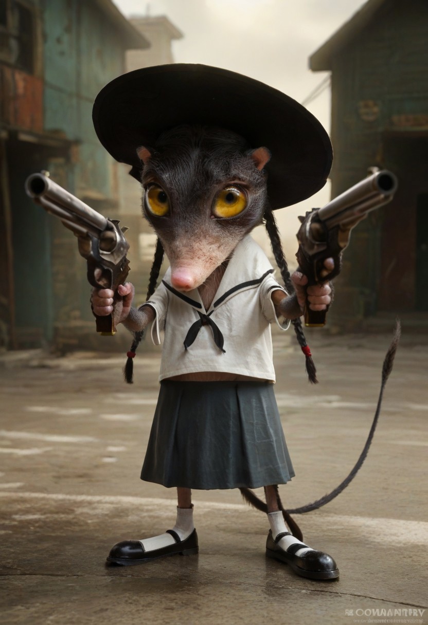 score_9, score_8_up, source_cartoon, realistic, toony, priscilla, furry, yellow eyes, 1girl, solo, hat, sailor collar, skirt, twin braids, tail, shoes, dual wield, gun, revolver, weapon, action pose, color splash, on air, leap, sfw