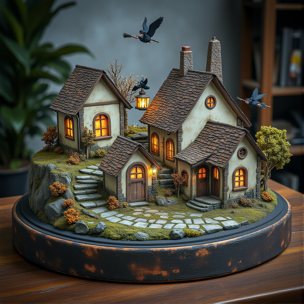 This is a miniature diorama that recreates a town lined with old buildings reminiscent of Medieval Europe, and a world where young, beautiful witches fly through the sky on broomsticks. It is placed next to a grimoire. Each roof and wall is carefully weathered, and professional lighting gives it an indistinguishable finish from the real thing.
<lora:Flux.1_Turbo_Detailer:0.7>, <lora:Diorama_Flux:0.9>