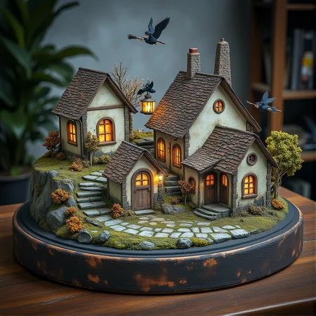 This is a miniature diorama that recreates a town lined with old buildings reminiscent of Medieval Europe, and a world where young, beautiful witches fly through the sky on broomsticks. It is placed next to a grimoire. Each roof and wall is carefully weathered, and professional lighting gives it an indistinguishable finish from the real thing.
<lora:Flux.1_Turbo_Detailer:0.7>, <lora:Diorama_Flux:0.9>