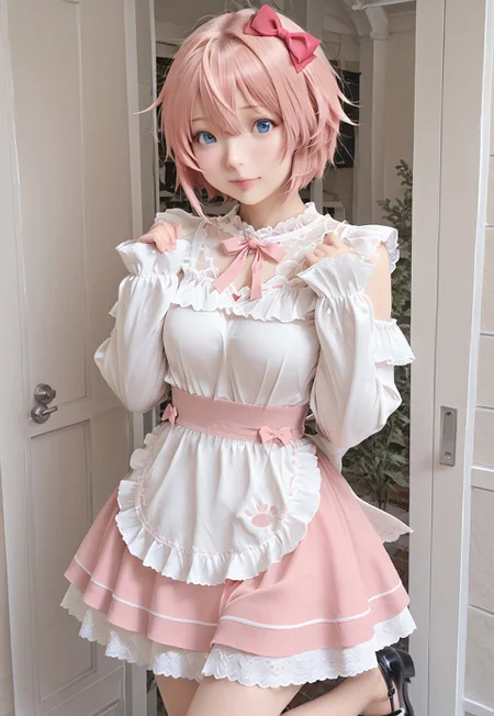 score_9_up, score_8_up, score_7_up, best quality, absurdres, masterpiece, realistic, BREAK, sayori, blue eyes, hair between eyes, hair bow, hair ornament, pink hair, red bow, short hair, pink skirt, maid dress, long sleeves, pink bow, apron, lace trim, hair bow, sleeves past wrists, burikko pose, hands up, leg up