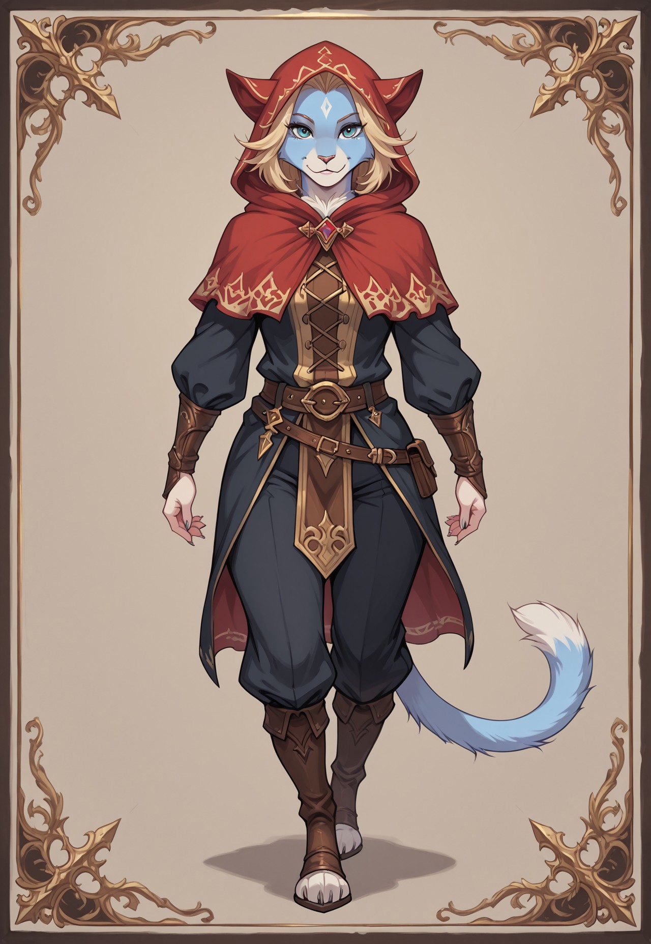 Solo, reallynxgirl_style, (zPDXL2), (PonyXLV6_Scores), Expressiveh, full body portrait, BREAK
lhata4564, d3t41l3d, 
Furry, cat, 1woman, adult, female focus, solo, Fantasy aesthetics, hooded thief, looking at viewer, ((shadowverse style)) 