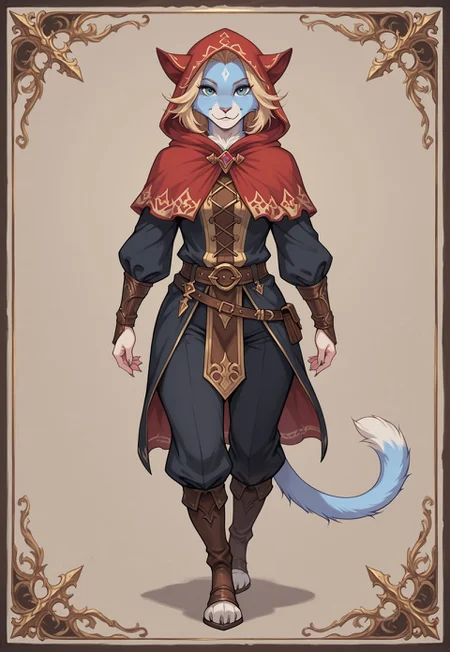 Solo, reallynxgirl_style, (zPDXL2), (PonyXLV6_Scores), Expressiveh, full body portrait, BREAK
lhata4564, d3t41l3d,
Furry, cat, 1woman, adult, female focus, solo, Fantasy aesthetics, hooded thief, looking at viewer, ((shadowverse style))