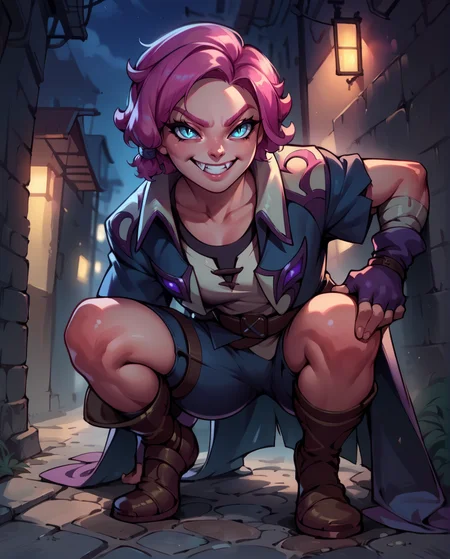 score_9,score_8_up,score_7_up,
maeve,short pink hair with a hair knot,blue slit pupils,
belt,fingerless gloves,shirt,long coat,short sleeves,smile,grin,
leaning forward,fang,squatting,
night,alley,in the shadows,fantasy,
<lora:maeve:0.8>,solo.,