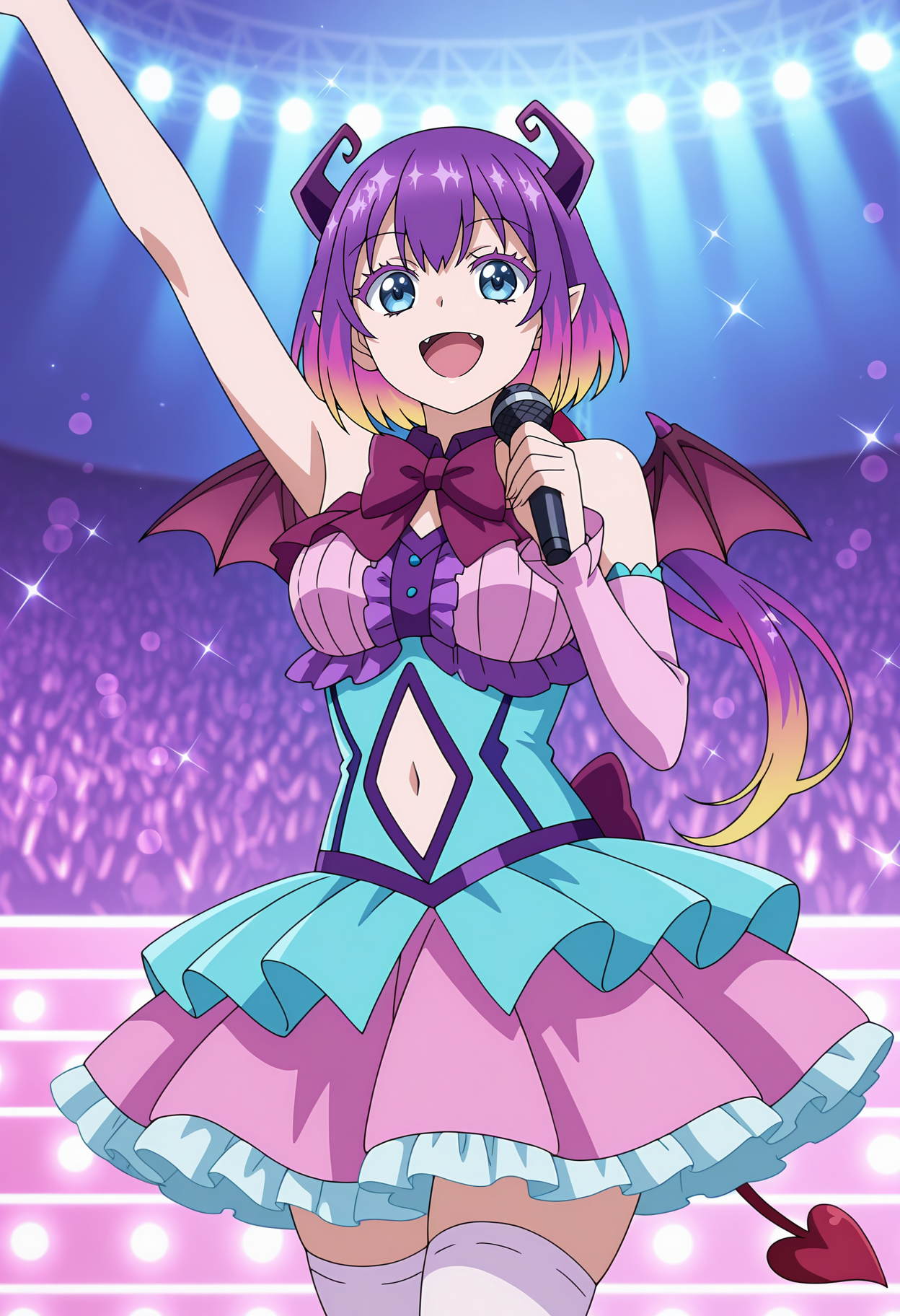 anime screencap, masterpiece, best quality,
<lora:MairimashitaIruma-Kun_CrocellKerori_IlluXL:0.9>,
1girl, solo, open mouth, smile,
long hair, low ponytail, multicolored hair, purple hair, blue eyes, pointy ears, purple horns, colored eyelashes, demon tail, mini wings,
purple collar, purple bow, bare shoulders, frilled shirt, vertical-striped shirt, pink shirt, blue corset, navel cutout, single detached sleeve, frilled sleeves, frilled skirt, pink skirt, white thighhighs,
holding microphone,
arm up, looking at viewer, cowboy shot,
concert, audience, bokeh, stage lights, sparkle background, blurry background