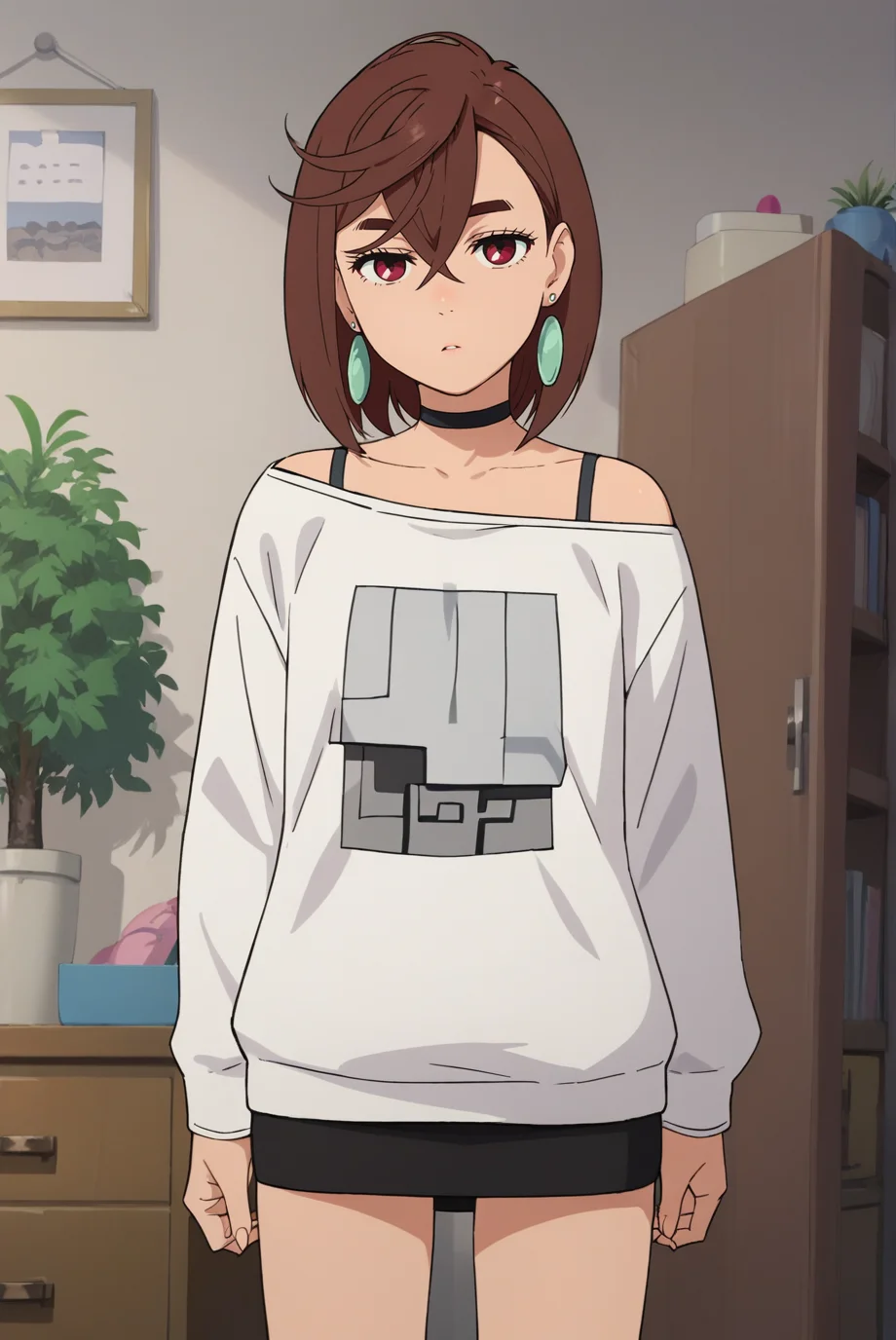 score_9, score_8_up, score_7_up, score_6_up, score_5_up, score_4_up, BREAK source_anime, 1girl, solo,
<lora:MomoAyaseXL-v3-07:0.7>, ChopioMomo, brown hair, short hair, hair between eyes, thick eyebrows, red eyes, looking at viewer, 
outfit_3, earrings, black choker, bra strap, off shoulder, white sweater, long sleeves, black skirt, miniskirt, microskirt, pencil skirt,
bedroom, drawer, potted plant, standing, parted lips, expressionless,