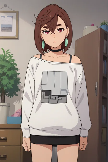 score_9, score_8_up, score_7_up, score_6_up, score_5_up, score_4_up, BREAK source_anime, 1girl, solo,
<lora:MomoAyaseXL-v3-07:0.7>, ChopioMomo, brown hair, short hair, hair between eyes, thick eyebrows, red eyes, looking at viewer, 
outfit_3, earrings, black choker, bra strap, off shoulder, white sweater, long sleeves, black skirt, miniskirt, microskirt, pencil skirt,
bedroom, drawer, potted plant, standing, parted lips, expressionless,