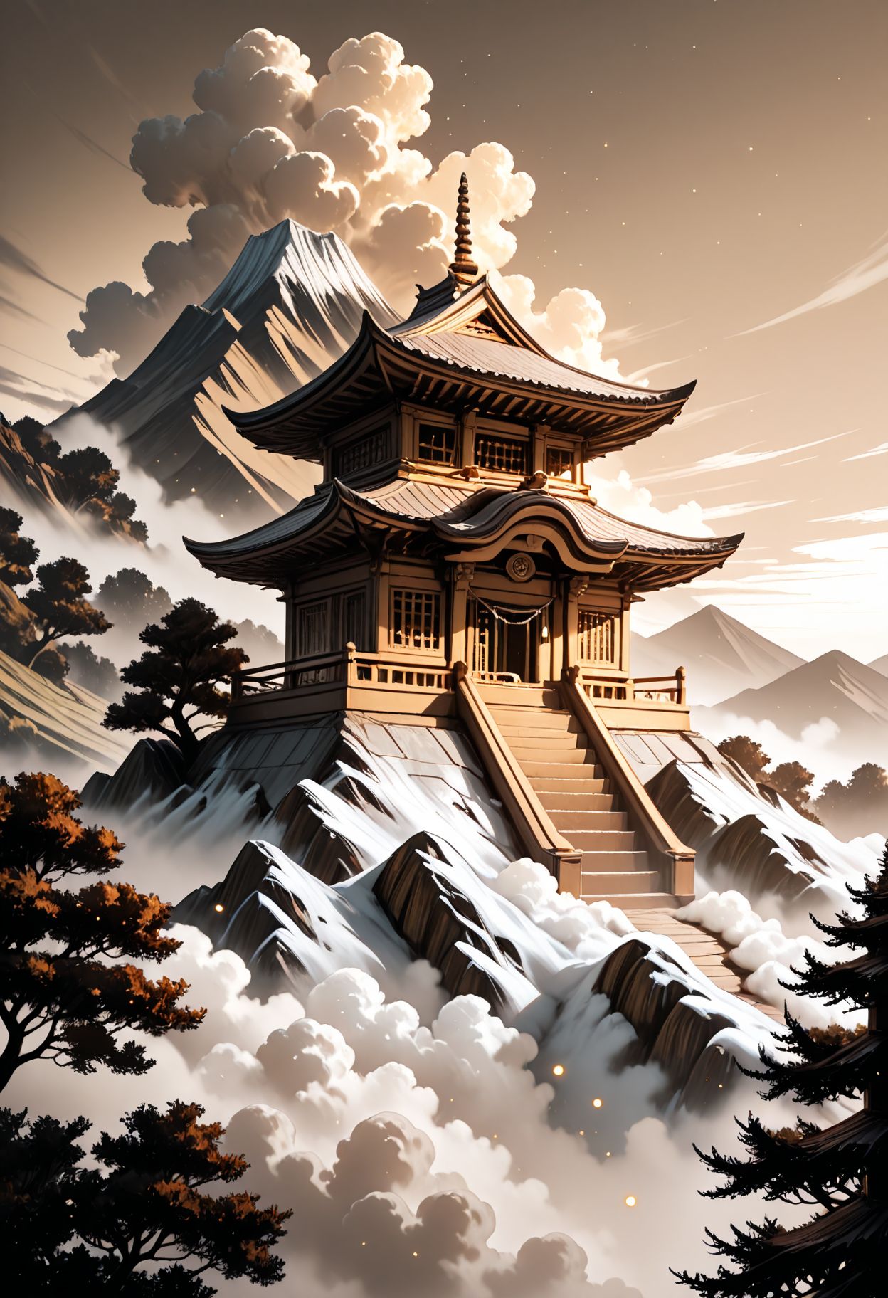 SmoothNoob_Quality, (sepia:1.5), glowing particles, blue and gray colors, no humans, east asian architecture, mountainous horizon, above clouds, fantasy, scenery, sky, trees, myouren temple, ethereal, fog, soft lighting,​​​
