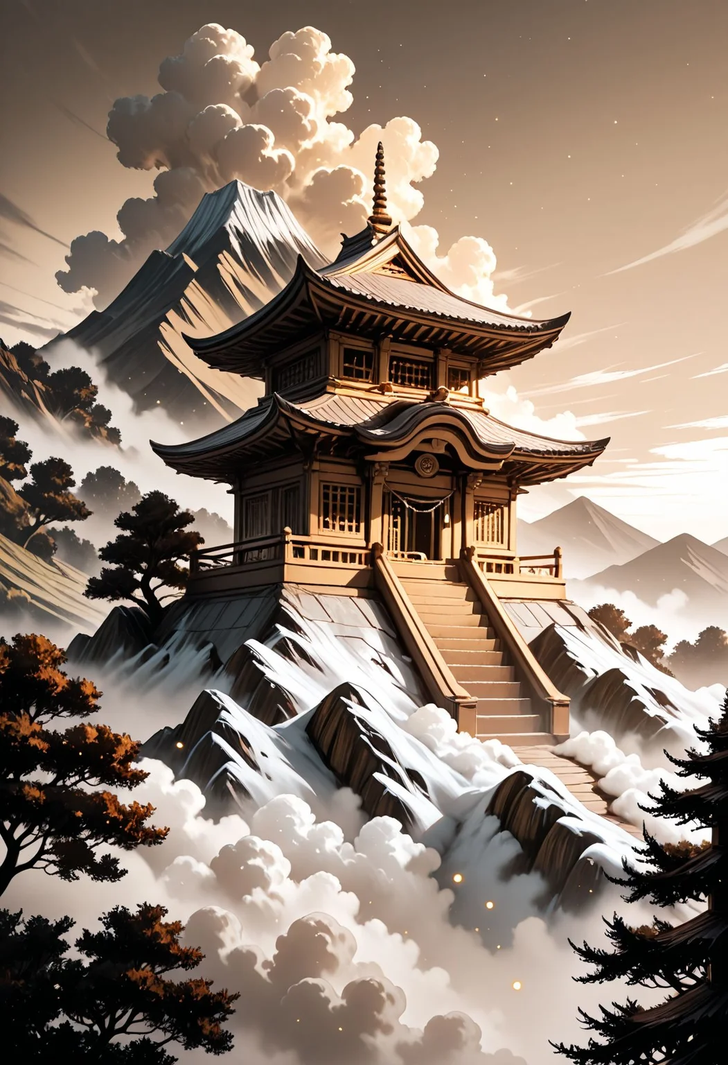 SmoothNoob_Quality, (sepia:1.5), glowing particles, blue and gray colors, no humans, east asian architecture, mountainous horizon, above clouds, fantasy, scenery, sky, trees, myouren temple, ethereal, fog, soft lighting,