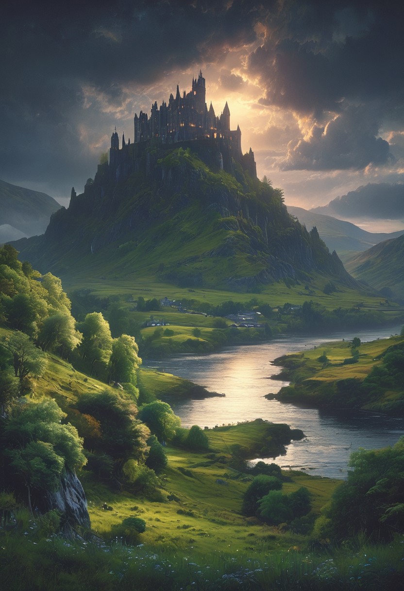 A captivating night scene illustration featuring a beautiful castle on a large  hill overlooking a lake in the highlands of Scotland. The castle is ancient but well maintained and updated and comfortable to live in.  This enchanting artwork captures a serene and peaceful early morning, where the sun is just starting to rise over the beautiful highlands and castle which   stands resolute amidst highlands, creating a cinematic experience., illustration, cinematic
<lora:DonM3t3rn1tyXL-v1.1:0.7>, DonM3t3rn1tyXL,
OverallDetailXL  <lora:MJ52:0.3>  <lora:SDXLFaeTastic2400:0.4>  <lora:EpicF4nta5yXL:0.7>