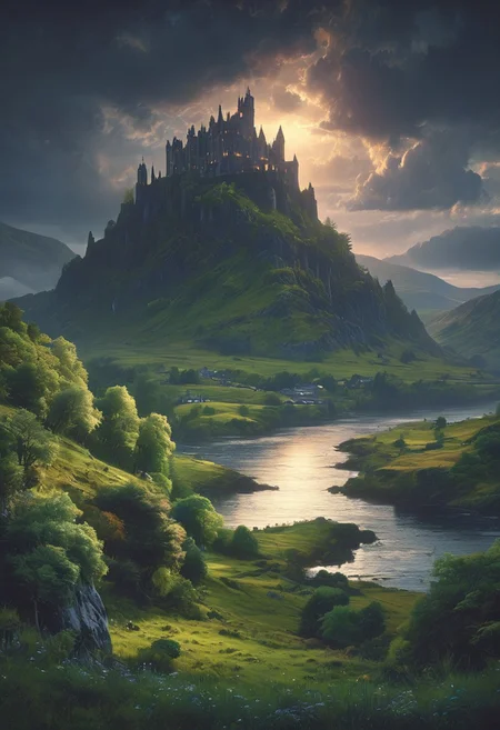 A captivating night scene illustration featuring a beautiful castle on a large hill overlooking a lake in the highlands of Scotland. The castle is ancient but well maintained and updated and comfortable to live in. This enchanting artwork captures a serene and peaceful early morning, where the sun is just starting to rise over the beautiful highlands and castle which stands resolute amidst highlands, creating a cinematic experience., illustration, cinematic
<lora:DonM3t3rn1tyXL-v1.1:0.7>, DonM3t3rn1tyXL,
OverallDetailXL <lora:MJ52:0.3> <lora:SDXLFaeTastic2400:0.4> <lora:EpicF4nta5yXL:0.7>