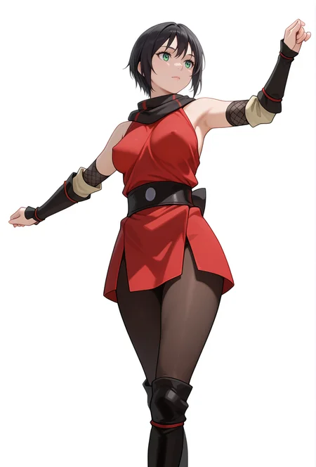 Smooth Quality,masterpiece,very intricate, high quality details, ultra realistic, high detailed skin,detailed enviorement,absurdres,
simple background, white background,solo,
from below,dancing, covered nipples, 
uwu,
 <lora:Souka_CNR:0.8> souka_cnr, 1girl,short hair, green eyes, black hair, bare shoulders, ninja, japanese clothes,elbow gloves, boots, medium breasts,