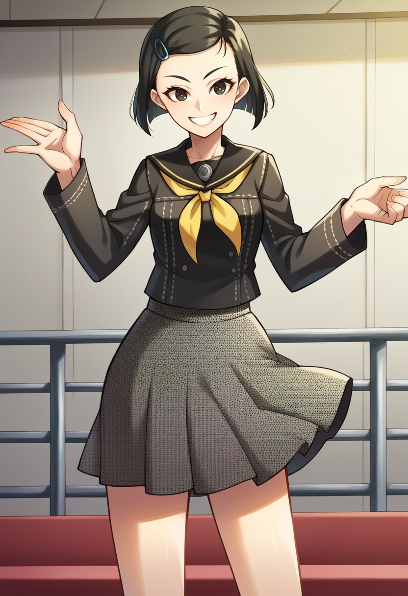 score_9, score_8_up, score_7_up, source_anime BREAK 1girl, solo,
<lora:zs_OzawaXL:1> yumip4, black hair, short hair, hairclip, black serafuku, long sleeves, dark grey skirt, houndstooth skirt
cowboy shot, smile, stage, theatre