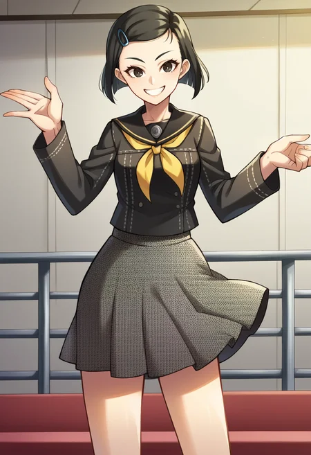 score_9, score_8_up, score_7_up, source_anime BREAK 1girl, solo,
<lora:zs_OzawaXL:1> yumip4, black hair, short hair, hairclip, black serafuku, long sleeves, dark grey skirt, houndstooth skirt
cowboy shot, smile, stage, theatre
