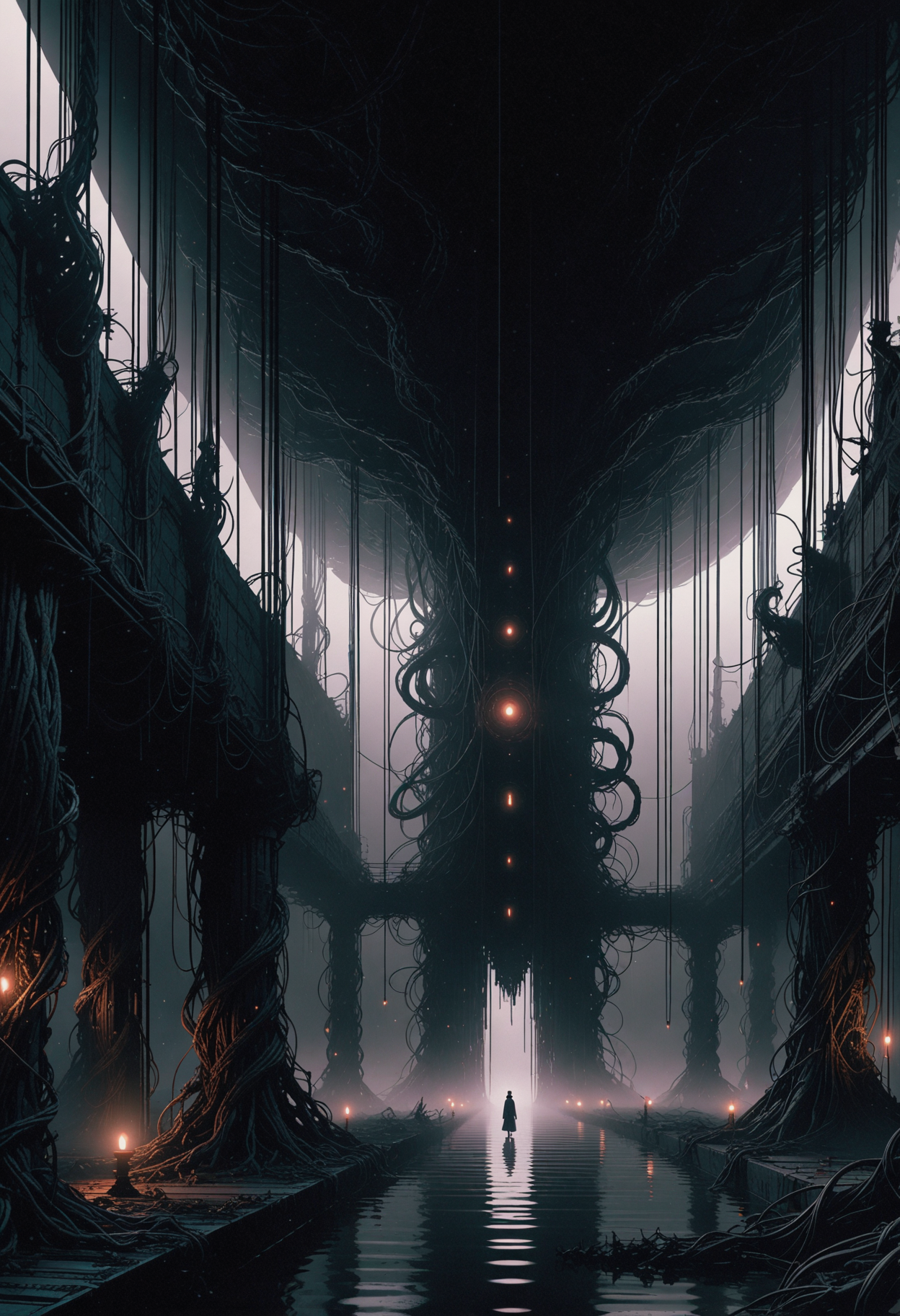 A Godot rendering portraying an ethereal monolithic structure towering the scene. The semi-translucent monolith is circled by floating chains with a luminous, spectral appearance. Attached to the chains are lanterns containing a vaporous, cyan fluid, casting a phantasmal light on the eerie scene, emphasizing the monolithic apparition's ominous presence.  The monolith is set on an elevated, high-tech platform within an expansive futuristic hall surrounded by arrays of devices, displays and machinery appearing to serve research purposes, interconnected by a chaotic web of wires and cables, monitoring the odd anomaly. The surroundings are covered in a volumetric fog, giving off a faint, foreboding glow, adding to the eerie impression.  Intense fright envelops the air. The rendering's style is characterized by highest quality graphics, featuring anti-aliasing as well as 8K textures. The color concept is showcasing rich hues.   <lora:dmd2_sdxl_4step_lora> <lora:xl_AnimeSythenticV1.1>