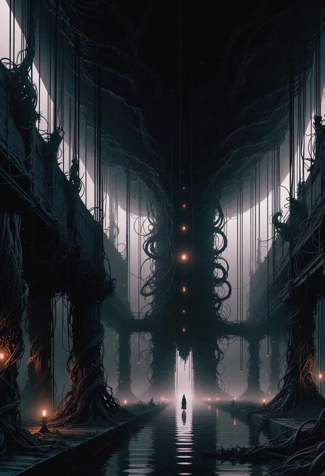 A Godot rendering portraying an ethereal monolithic structure towering the scene. The semi-translucent monolith is circled by floating chains with a luminous, spectral appearance. Attached to the chains are lanterns containing a vaporous, cyan fluid, casting a phantasmal light on the eerie scene, emphasizing the monolithic apparition's ominous presence.  The monolith is set on an elevated, high-tech platform within an expansive futuristic hall surrounded by arrays of devices, displays and machinery appearing to serve research purposes, interconnected by a chaotic web of wires and cables, monitoring the odd anomaly. The surroundings are covered in a volumetric fog, giving off a faint, foreboding glow, adding to the eerie impression.  Intense fright envelops the air. The rendering's style is characterized by highest quality graphics, featuring anti-aliasing as well as 8K textures. The color concept is showcasing rich hues.   <lora:dmd2_sdxl_4step_lora> <lora:xl_AnimeSythenticV1.1>