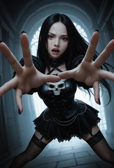 macabre style 1girl, solo, punisher, perspective, reaching, foreshortening, masterpiece, best quality, amazing quality, dynamic pose, dutch angle shot . dark, gothic, grim, haunting, highly detailed
