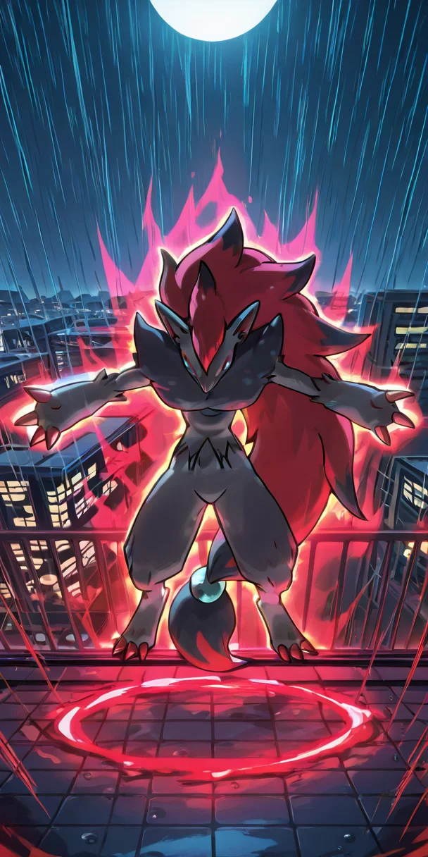 masterpiece, best quality, no humans, <lora:ZoroarkPokedex_IXL_v1:0.8>, zzZoroark, city rooftop at night, arms spread, rain falling, neon reflections, dramatic backlight â On a rain-slick rooftop bathed in neon glow, zzZoroark spreads its arms wide, catching the downpour on its open palms. Thunder rolls across the skyline, and streaks of electric blue and crimson ripple through puddles at its feet as the city pulses below. super saiyan, red aura, <lora:DBSBroly_Style_IXL_v2:0.7>