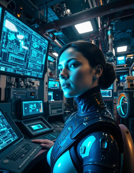 detailifier,<lora:detailifier_flux-000006:1>,A futuristic, highly detailed portrait of a person in a high-tech control room filled with floating holographic displays and complex machinery. The person wears a sleek, tech-enhanced suit with intricate circuitry patterns, each seam and panel reflecting the glowing screens around them. Holographic charts, data streams, and maps float in the air, casting a neon glow on the personâs face. The room is packed with details: wires, illuminated buttons, and complex control panels, creating an advanced, immersive sci-fi environment.