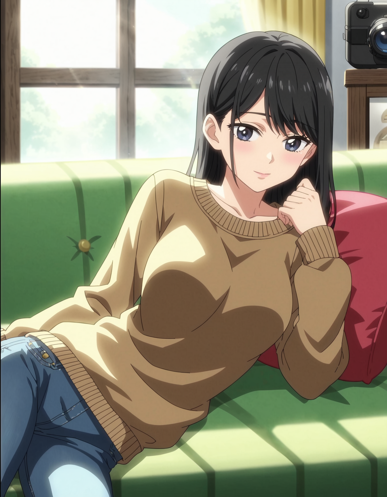 score_9, score_8_up, score_7_up, BREAK
(masterpiece, best quality, (anime screencap:1.5)), 1girl, black hair, lying on a couch on her side, wearing a tight-fitting brown sweater and jeans, revealing her body shape, alluring and serene expression, detailed background with soft shadows and subtle lighting, cozy indoor setting, sunlight filtering through a window casting gentle shadows, 2d anime style, intricate details in the fabric and surroundings, peaceful and tranquil atmosphere, warm and muted color palette, depth of field, volumetric lighting, high dynamic range, realistic textures, sense of calm and allure